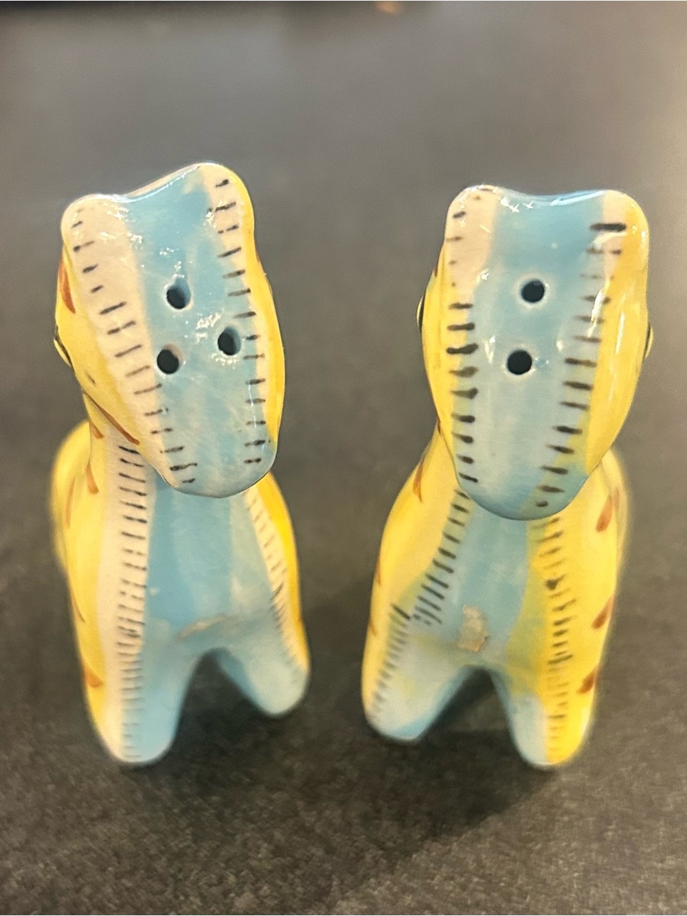 Vintage  Ceramic Giraffe Salt and Pepper Shakers - Yellow and Blue